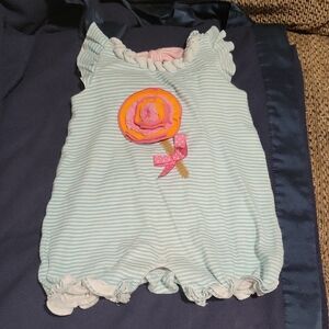 Mud Pie Blue and White Striped Baby Romper with Floral Detail